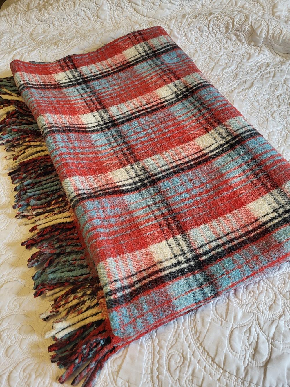 Vintage Dual Sided Heavy Plaid Wool Blanket/Throw with Long Fringes